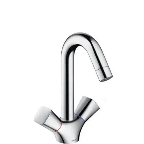 Waschtischarmatur von Hansgrohe mit zwei Griffen und einem geschwungenen Auslauf in Chromoptik. Die Steuerung erfolgt über die seitlichen Griffe für Warm- und Kaltwasser.
